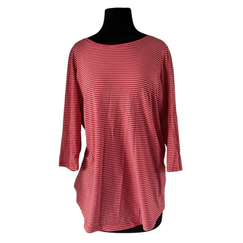 L.L. Bean Orange and White Stripe 3/4 Length Sleeve Top - L